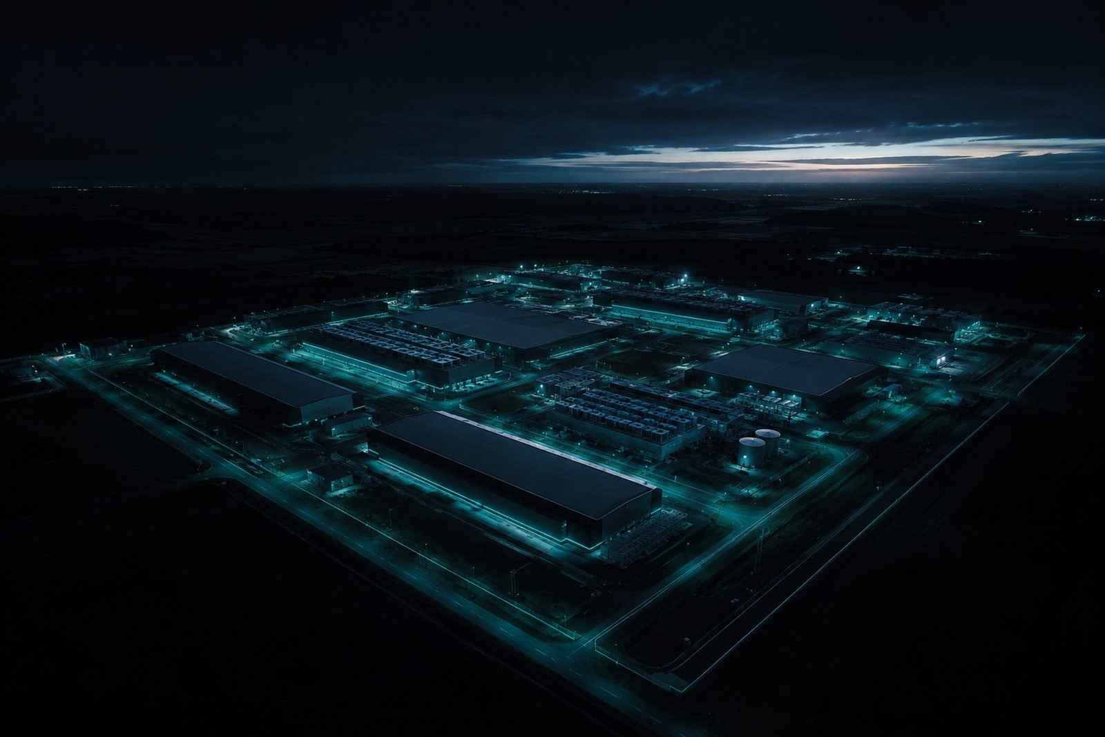 Aerial view of a data centre campus at dusk